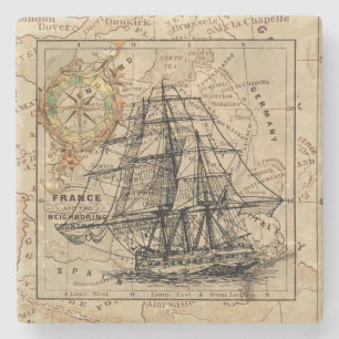 Vintage Sailing Ship and Old European Map Stone Coaster