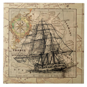 Vintage Sailing Ship and Old European Map Tile