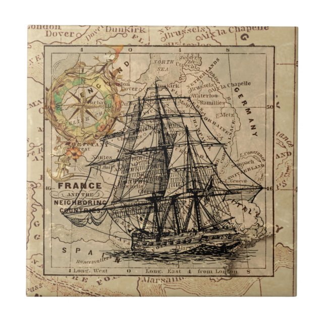 Vintage Sailing Ship and Old European Map Tile (Front)