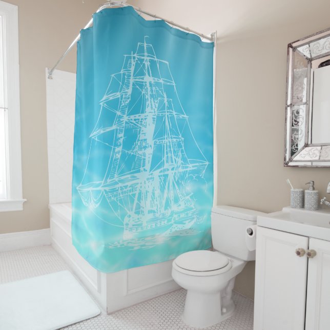 Vintage Sailing Ship Illustration  Ocean Water Shower Curtain (In Situ)