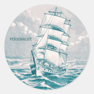 Vintage Sailing Ship Nautical Drawing Cool Coastal Classic Round Sticker