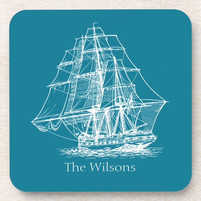 Vintage Sailing Ship Nautical Personalised Coaster (Front)
