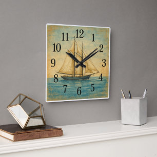 Vintage Sailing Ship Nautical Square Wall Clock