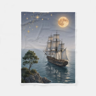 Vintage Sailing Ship Under Moonlight Ocean Art Fle Fleece Blanket