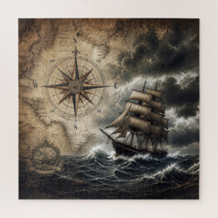 Vintage Sailing Ship with Compass Rose Jigsaw Puzzle
