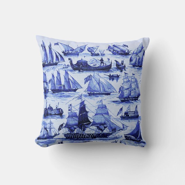 VINTAGE SAILING VESSELS,SHIPS,Navy Blue Nautical Cushion (Front)