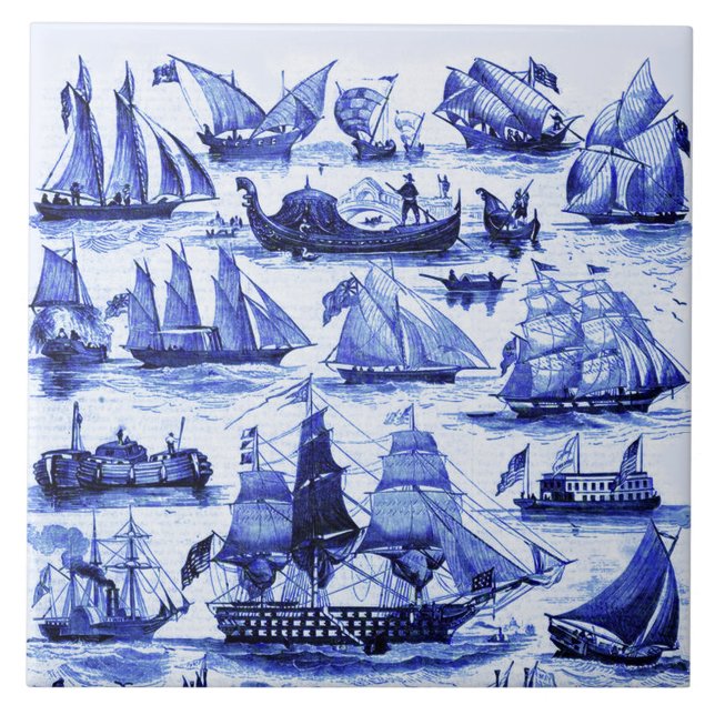 VINTAGE SAILING VESSELS,SHIPS,Navy Blue Nautical Tile (Front)