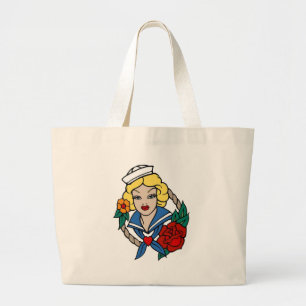 Vintage Sailor Girl with Rose Tattoo Art Large Tote Bag