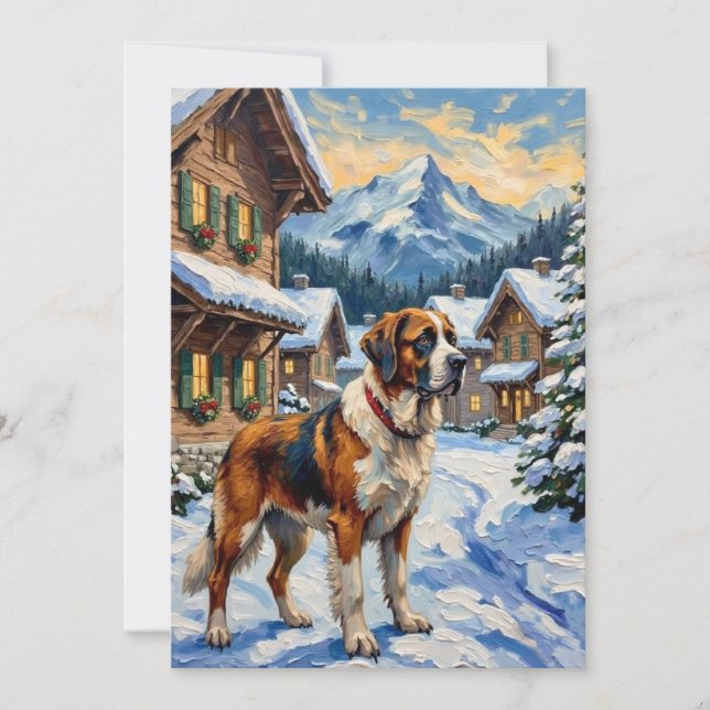 Vintage Saint Bernard Alpine Christmas Painting Holiday Card (Front)