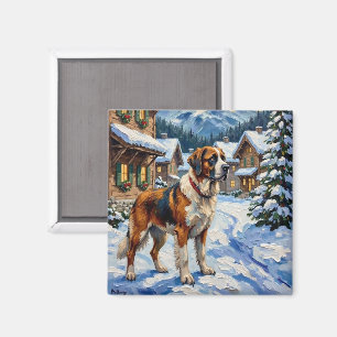 Vintage Saint Bernard Alpine Christmas Painting Magnet