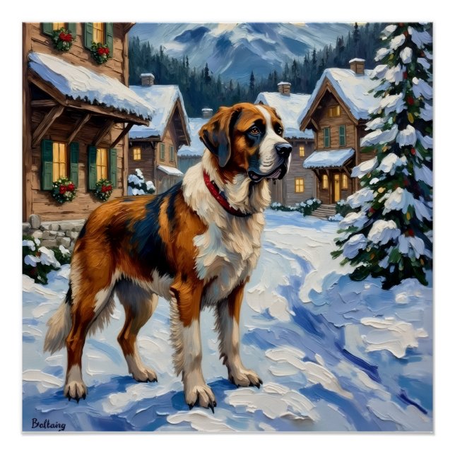 Vintage Saint Bernard Alpine Christmas Painting Poster (Front)