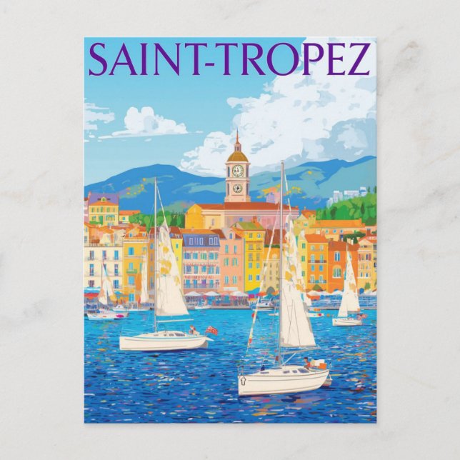 Vintage Saint-Tropez French Riviera Harbour Travel Postcard (Front)