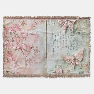 Vintage Sakura Butterfly Collage Throw Blanket