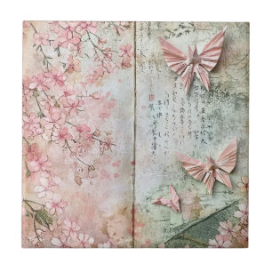 Vintage Sakura Butterfly Collage Tile