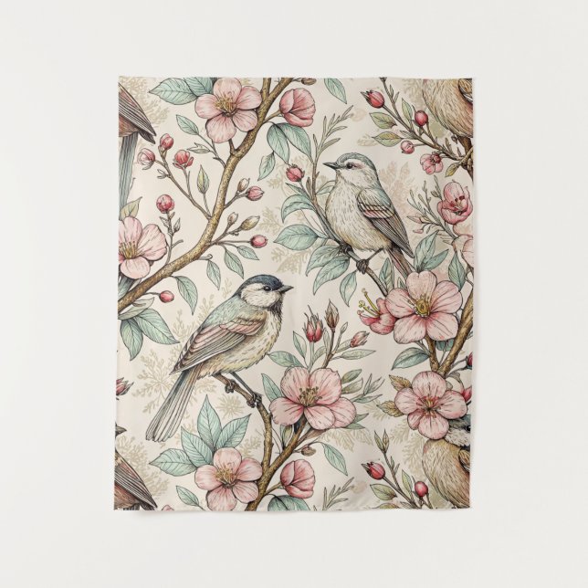 Vintage Sakura Cherry Blossom & Bird  Aesthetic 2 Tapestry (Front)