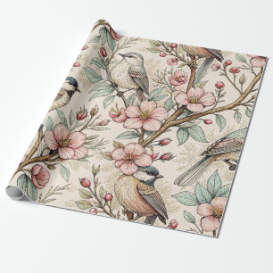 Vintage Sakura Cherry Blossom & Bird Aesthetic 2 Wrapping Paper