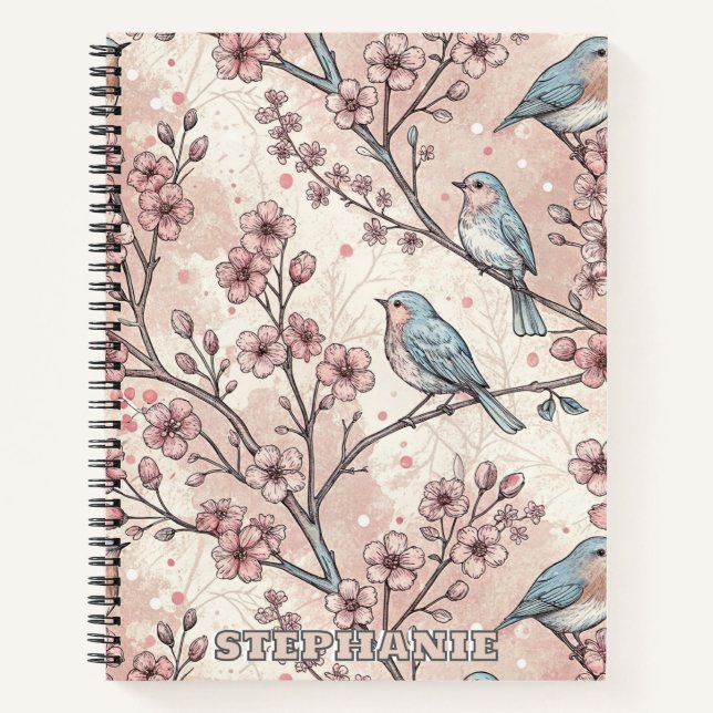 Vintage Sakura Cherry Blossom & Bird  Aesthetic 5 Notebook (Front)