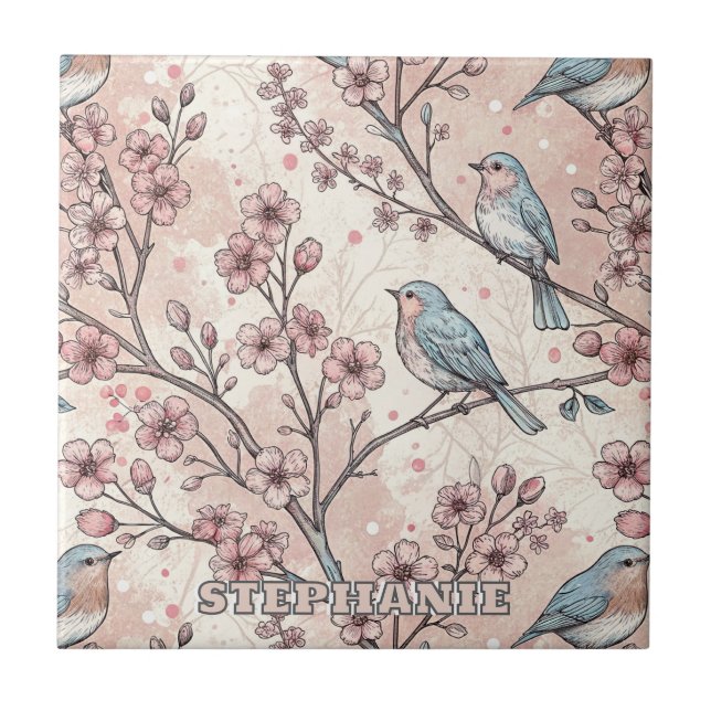 Vintage Sakura Cherry Blossom & Bird  Aesthetic 5 Tile (Front)