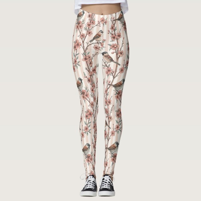 Vintage Sakura Cherry Blossom & Bird  Aesthetic 6 Leggings (Front)