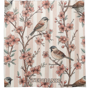 Vintage Sakura Cherry Blossom & Bird  Aesthetic 6 Shower Curtain