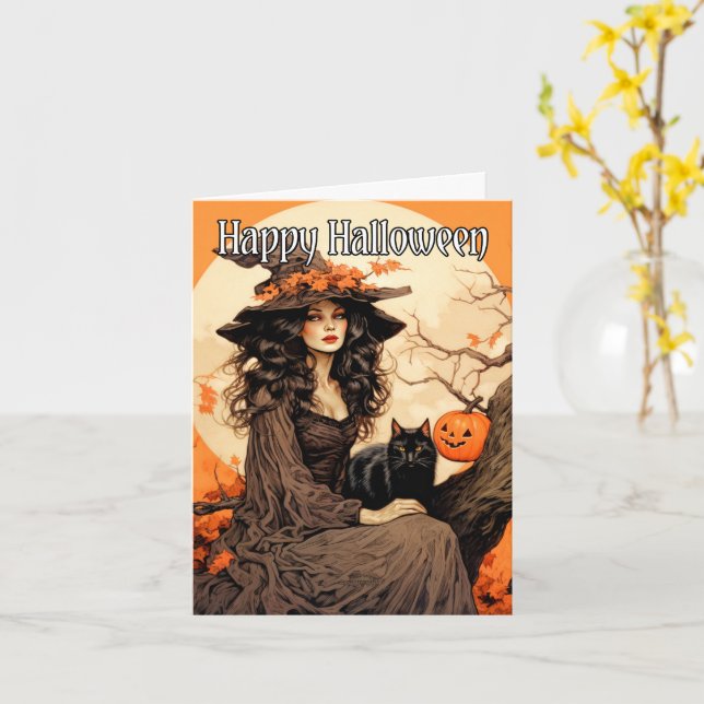 Vintage Salem Witch | Happy Halloween Card (Yellow Flower)