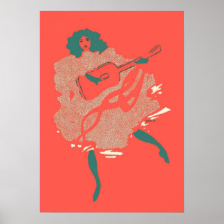 Vintage Salmon Teal Guitar Woman Musician Bold Poster
