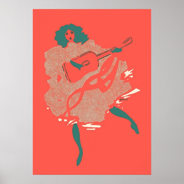 Vintage Salmon Teal Guitar Woman Musician Bold Poster (Front)