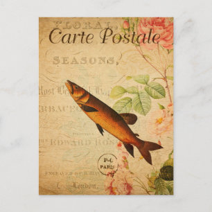 Vintage Salmon Type Fish Floral Flowers French Postcard