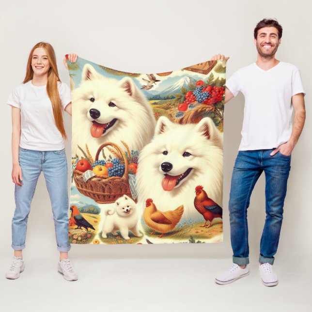 Vintage Samoyed Dog Illustration Fleece Blanket (In Situ)