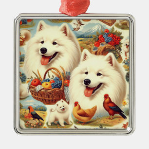Vintage Samoyed Dog Illustration Metal Tree Decoration