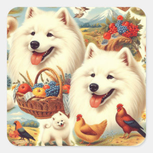 Vintage Samoyed Dog Illustration Square Sticker