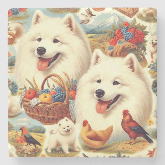 Vintage Samoyed Dog Illustration Stone Coaster (Front)