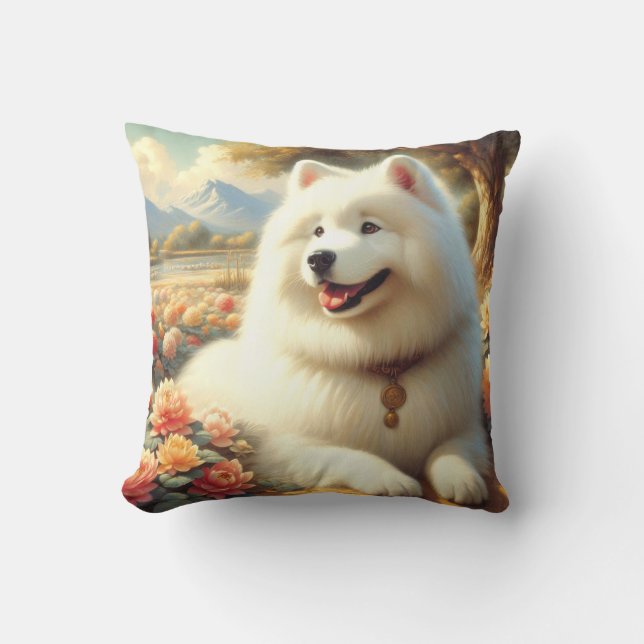 Vintage Samoyed Dog Painting Cushion (Front)