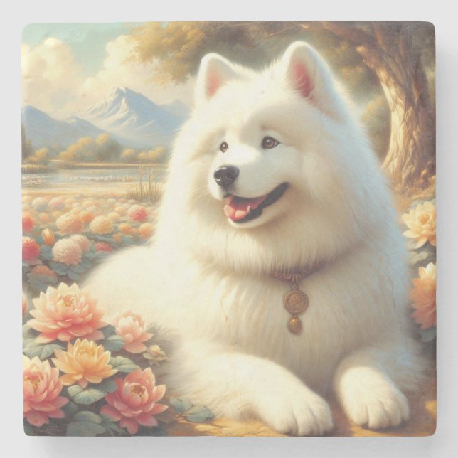 Vintage Samoyed Dog Painting Stone Coaster (Front)