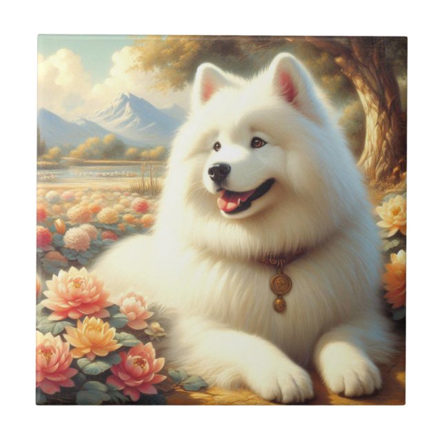 Vintage Samoyed Dog Painting Tile (Front)