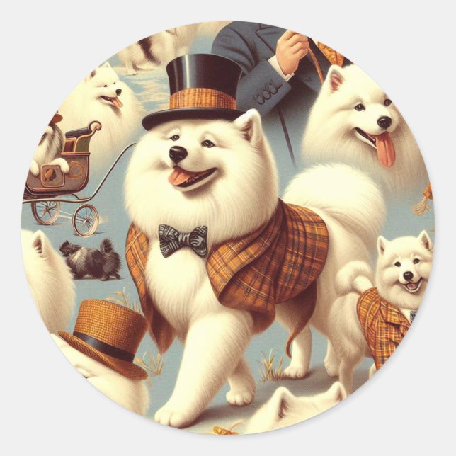 Vintage Samoyed Dog Seamless Painting Classic Round Sticker (Front)