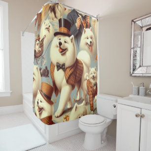Vintage Samoyed Dog Seamless Painting Shower Curtain