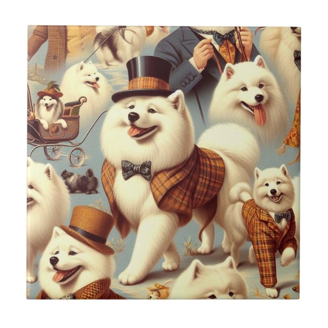 Vintage Samoyed Dog Seamless Painting Tile (Front)