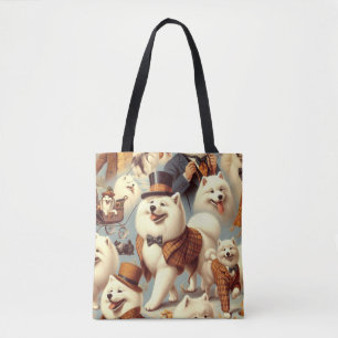 Vintage Samoyed Dog Seamless Painting Tote Bag
