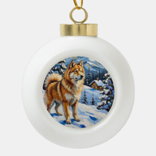 Vintage Samoyed in Alpine Christmas Landscape Ceramic Ball Christmas Ornament