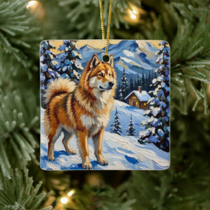 Vintage Samoyed in Alpine Christmas Landscape Ceramic Ornament