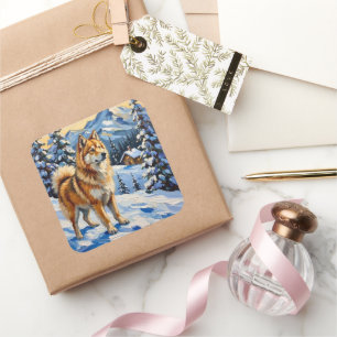 Vintage Samoyed in Alpine Christmas Landscape Square Sticker