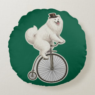 Vintage Samoyed on a Penny-Farthing Bicycle Round Cushion
