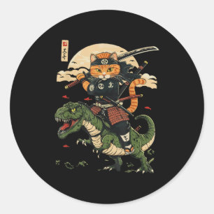 Vintage Samurai Cat Dinosaur Japanese Art Graphic Classic Round Sticker