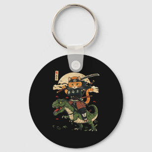 Vintage Samurai Cat Dinosaur Japanese Art Graphic Key Ring
