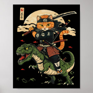 Vintage Samurai Cat Dinosaur Japanese Art Graphic  Poster