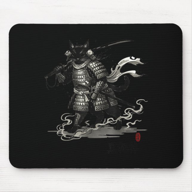 Vintage Samurai Cat Japanese Shirt  Mouse Mat (Front)