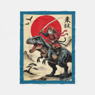 Vintage samurai cat riding dinosaur japanese cat fleece blanket