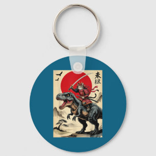 Vintage samurai cat riding dinosaur japanese cat key ring
