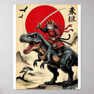 Vintage samurai cat riding dinosaur japanese cat poster